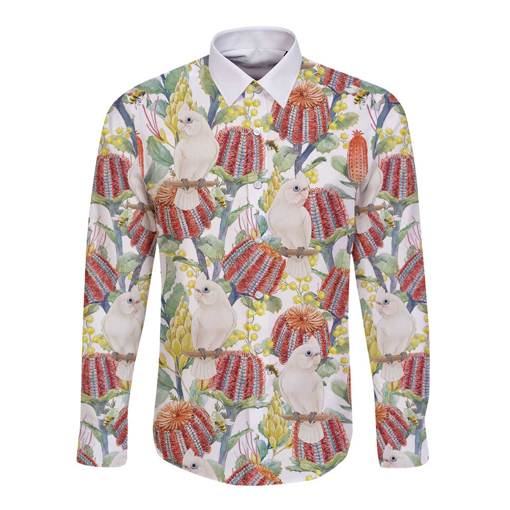 Little Corella Australia Cockatoo Long Sleeve Button Shirt Cacatua Sanguinea Banksia Seamless White - Aussie Hoodie