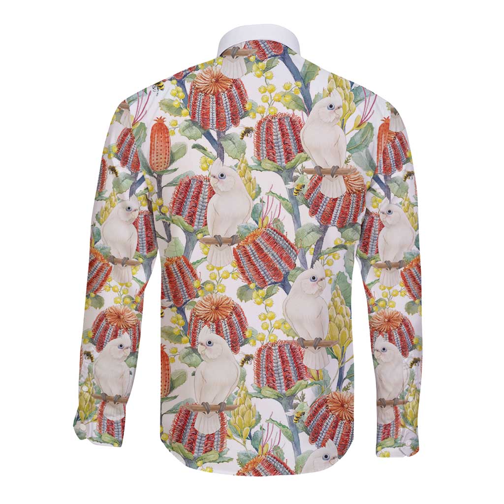 Little Corella Australia Cockatoo Long Sleeve Button Shirt Cacatua Sanguinea Banksia Seamless White - Aussie Hoodie