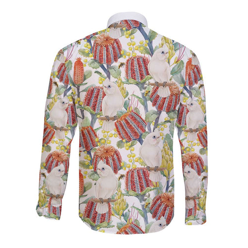 Little Corella Australia Cockatoo Long Sleeve Button Shirt Cacatua Sanguinea Banksia Seamless White - Aussie Hoodie