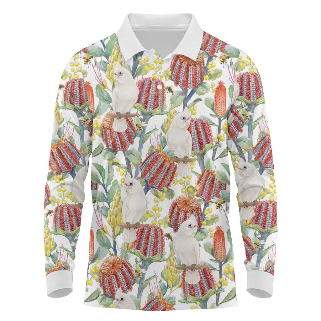 Little Corella Australia Cockatoo Long Sleeve Polo Shirt Cacatua Sanguinea Banksia Seamless White - Aussie Hoodie