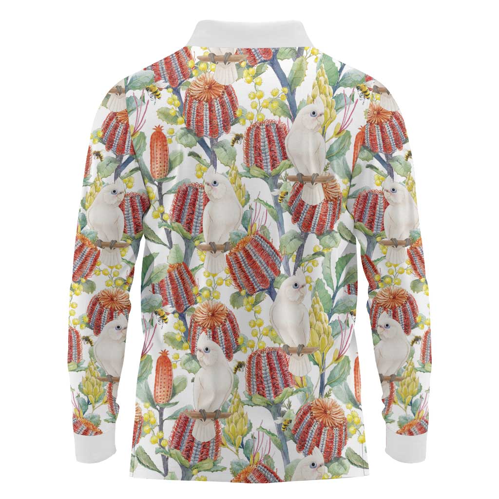Little Corella Australia Cockatoo Long Sleeve Polo Shirt Cacatua Sanguinea Banksia Seamless White - Aussie Hoodie