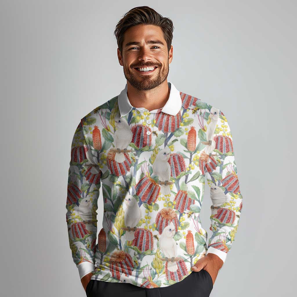 Little Corella Australia Cockatoo Long Sleeve Polo Shirt Cacatua Sanguinea Banksia Seamless White - Aussie Hoodie