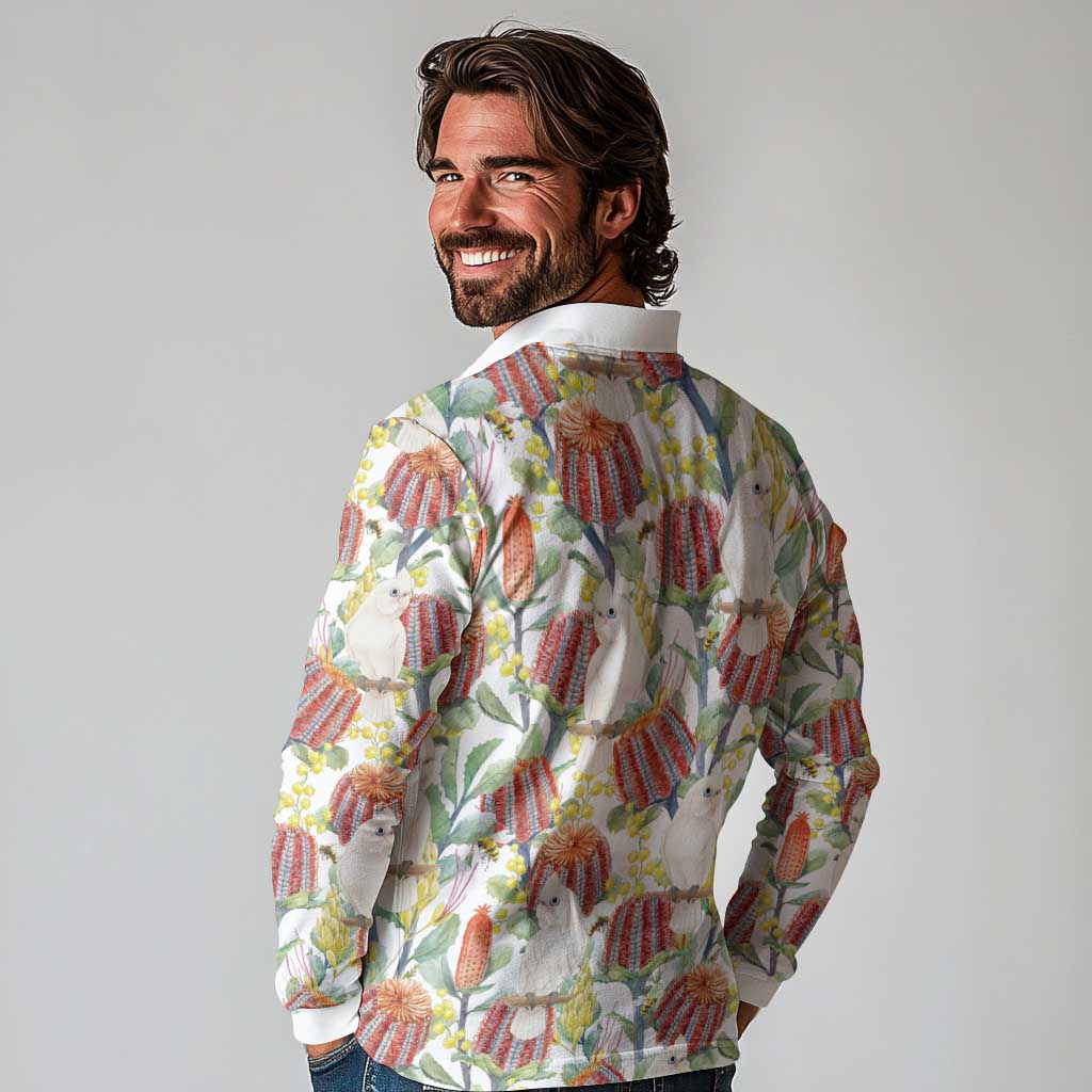 Little Corella Australia Cockatoo Long Sleeve Polo Shirt Cacatua Sanguinea Banksia Seamless White - Aussie Hoodie