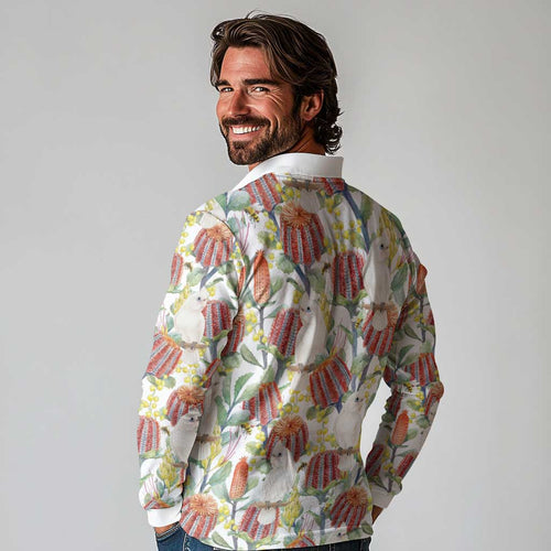 Little Corella Australia Cockatoo Long Sleeve Polo Shirt Cacatua Sanguinea Banksia Seamless White - Aussie Hoodie