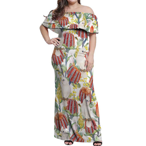 Little Corella Australia Cockatoo Off Shoulder Maxi Dress Cacatua Sanguinea Banksia Seamless White - Aussie Hoodie