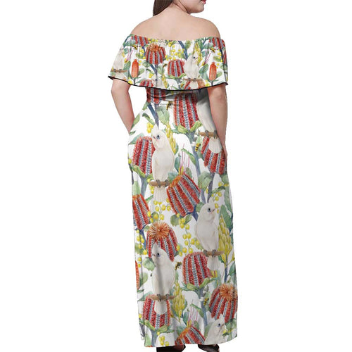 Little Corella Australia Cockatoo Off Shoulder Maxi Dress Cacatua Sanguinea Banksia Seamless White - Aussie Hoodie