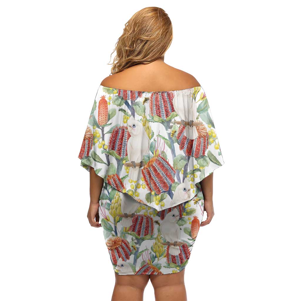 Little Corella Australia Cockatoo Off Shoulder Short Dress Cacatua Sanguinea Banksia Seamless White - Aussie Hoodie