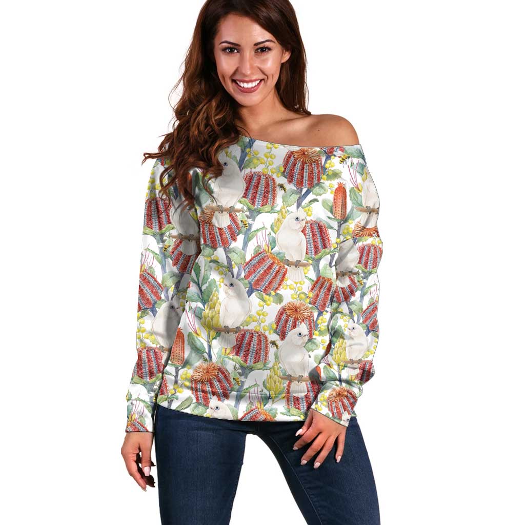Little Corella Australia Cockatoo Off Shoulder Sweater Cacatua Sanguinea Banksia Seamless White - Aussie Hoodie