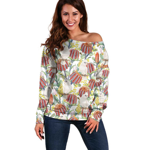 Little Corella Australia Cockatoo Off Shoulder Sweater Cacatua Sanguinea Banksia Seamless White - Aussie Hoodie