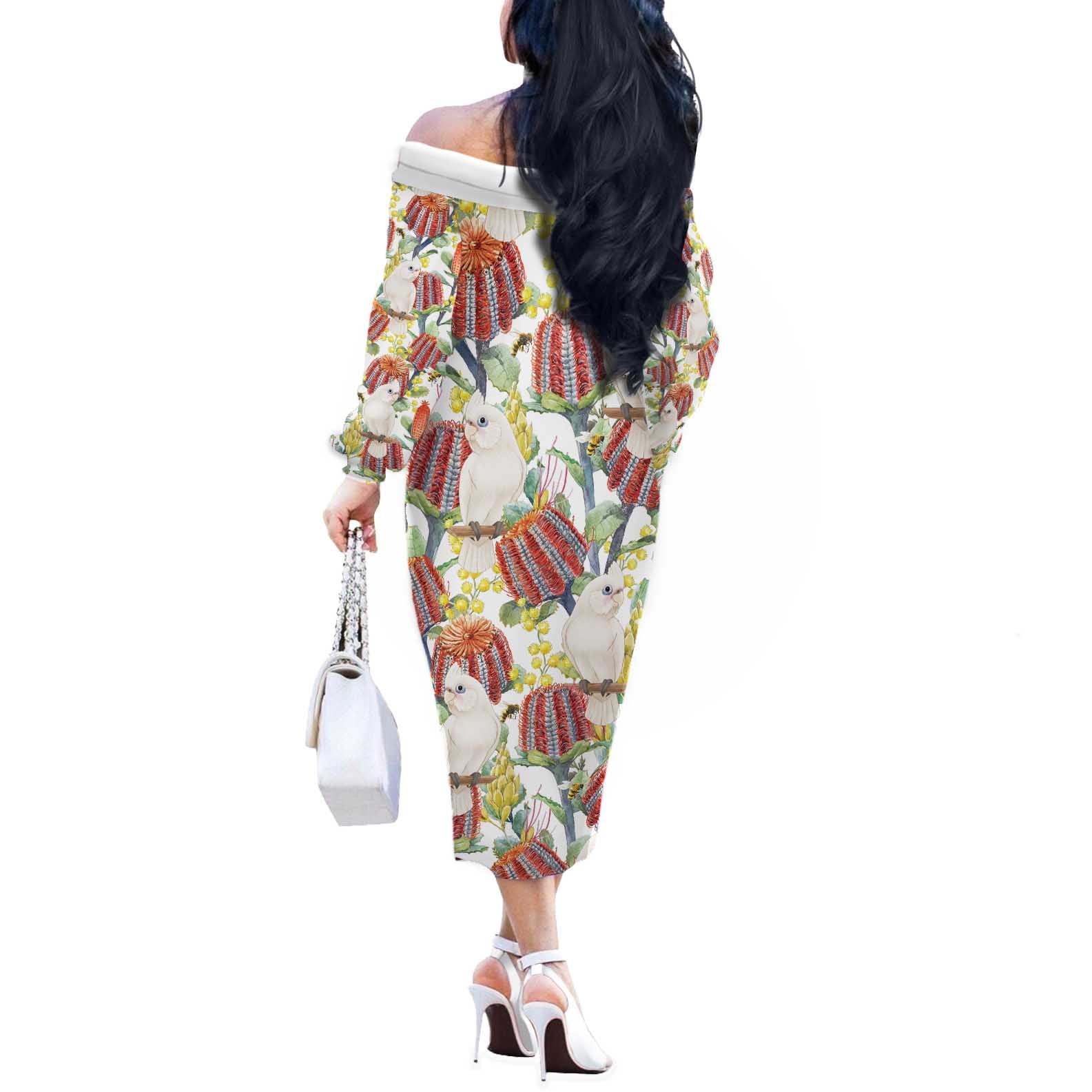 Little Corella Australia Cockatoo Off The Shoulder Long Sleeve Dress Cacatua Sanguinea Banksia Seamless White - Aussie Hoodie