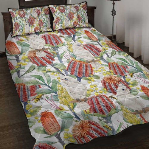 Little Corella Australia Cockatoo Quilt Bed Set Cacatua Sanguinea Banksia Seamless White - Aussie Hoodie
