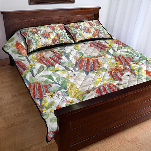 Little Corella Australia Cockatoo Quilt Bed Set Cacatua Sanguinea Banksia Seamless White - Aussie Hoodie