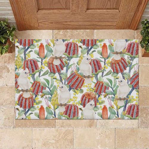 Little Corella Australia Cockatoo Rubber Doormat Cacatua Sanguinea Banksia Seamless White - Aussie Hoodie