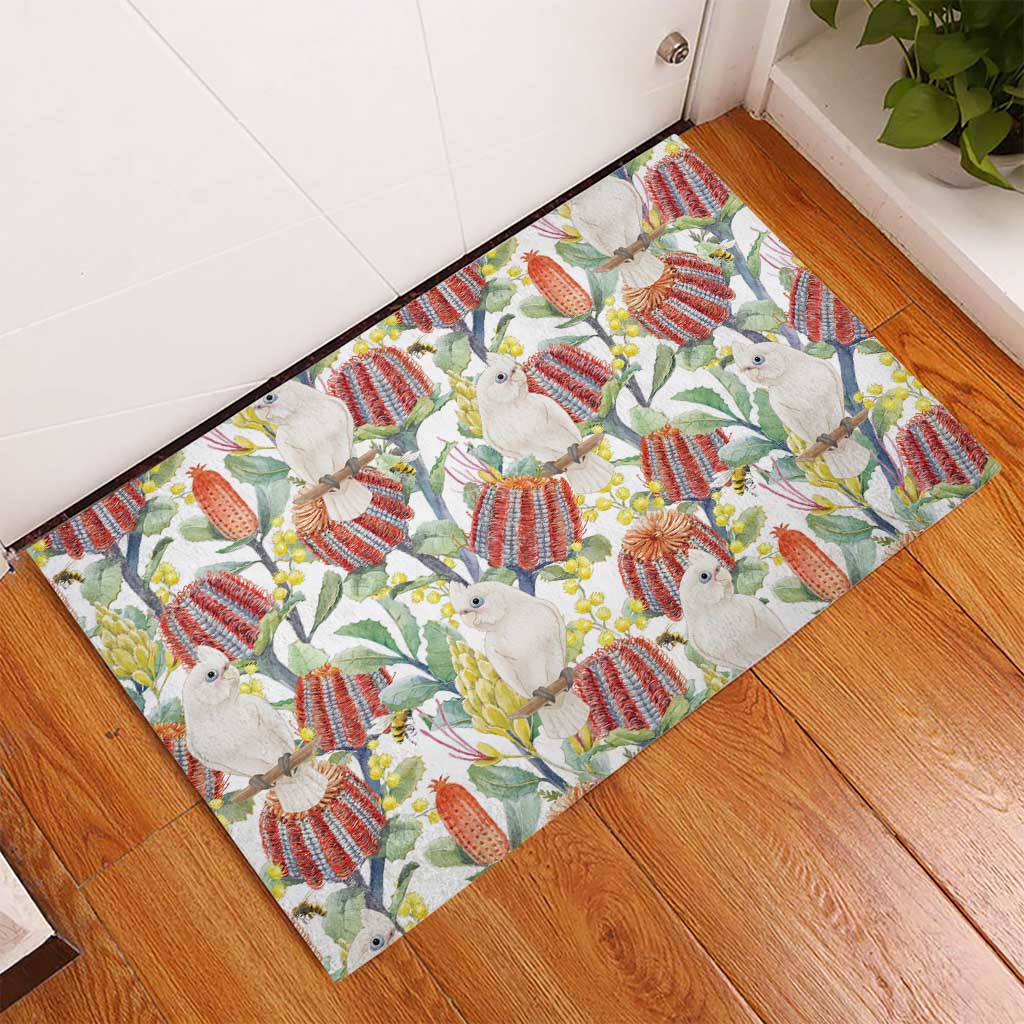 Little Corella Australia Cockatoo Rubber Doormat Cacatua Sanguinea Banksia Seamless White - Aussie Hoodie