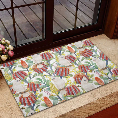 Little Corella Australia Cockatoo Rubber Doormat Cacatua Sanguinea Banksia Seamless White - Aussie Hoodie