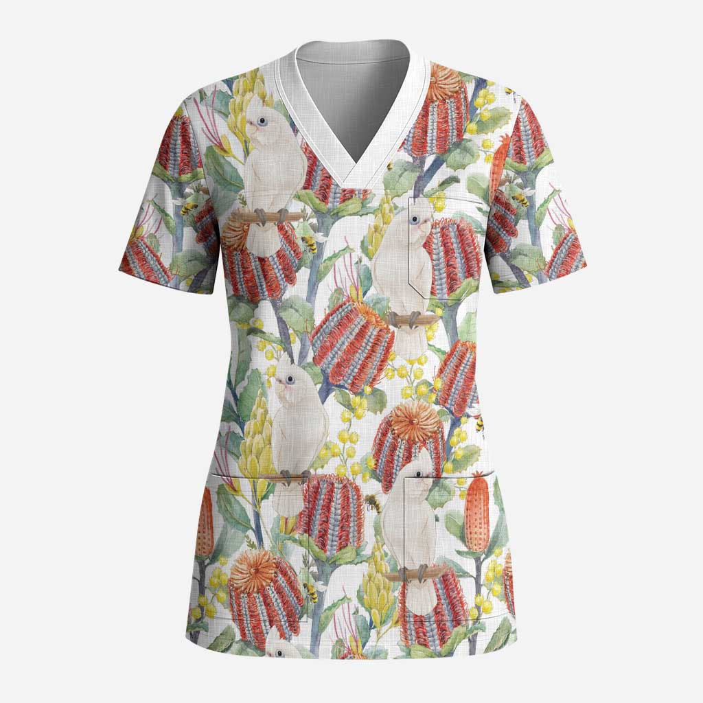 Little Corella Australia Cockatoo Scrub Top Cacatua Sanguinea Banksia Seamless White - Aussie Hoodie