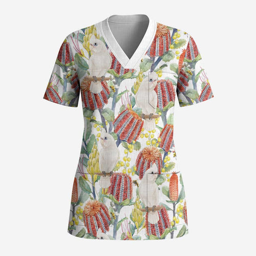 Little Corella Australia Cockatoo Scrub Top Cacatua Sanguinea Banksia Seamless White - Aussie Hoodie