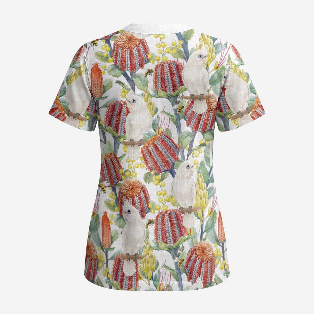 Little Corella Australia Cockatoo Scrub Top Cacatua Sanguinea Banksia Seamless White - Aussie Hoodie
