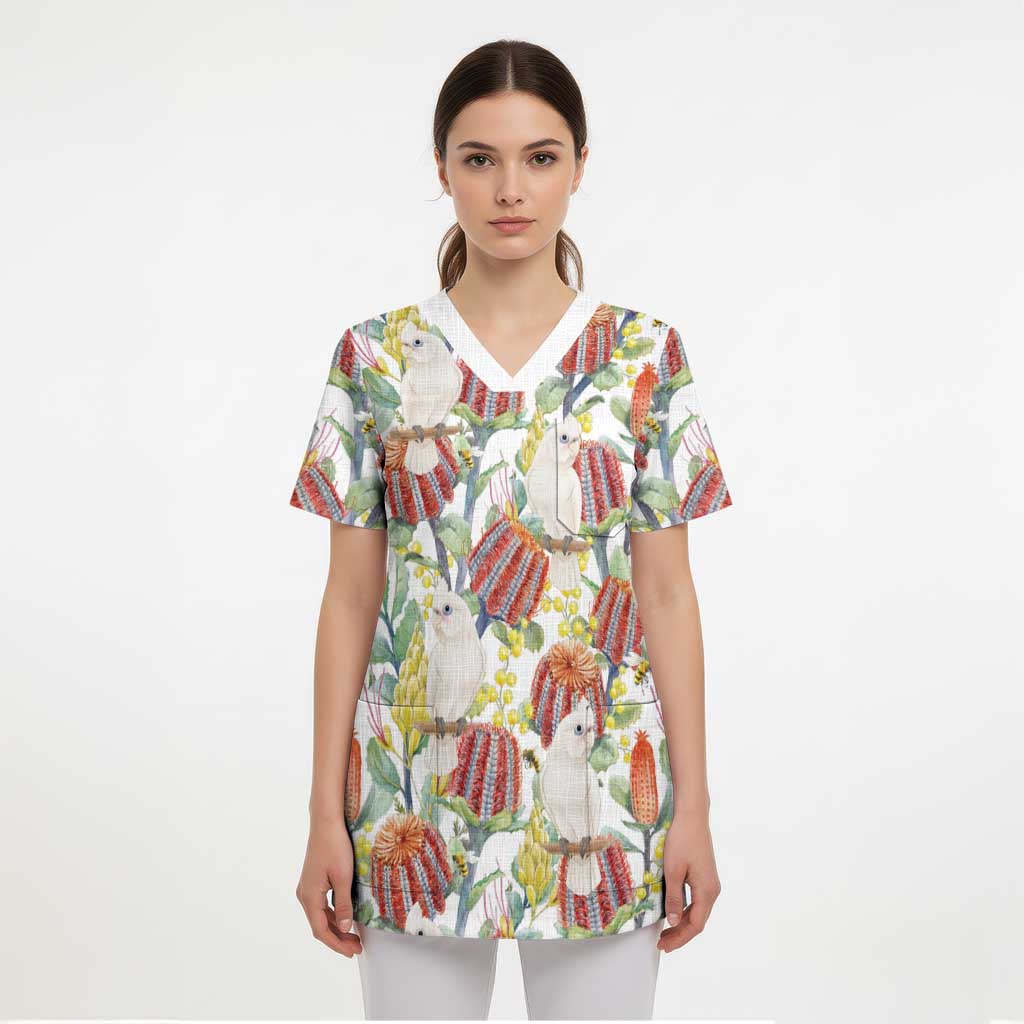 Little Corella Australia Cockatoo Scrub Top Cacatua Sanguinea Banksia Seamless White - Aussie Hoodie