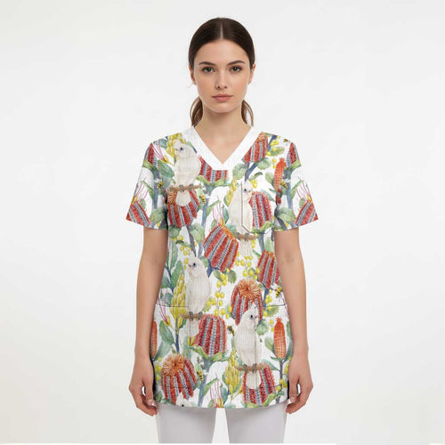Little Corella Australia Cockatoo Scrub Top Cacatua Sanguinea Banksia Seamless White - Aussie Hoodie