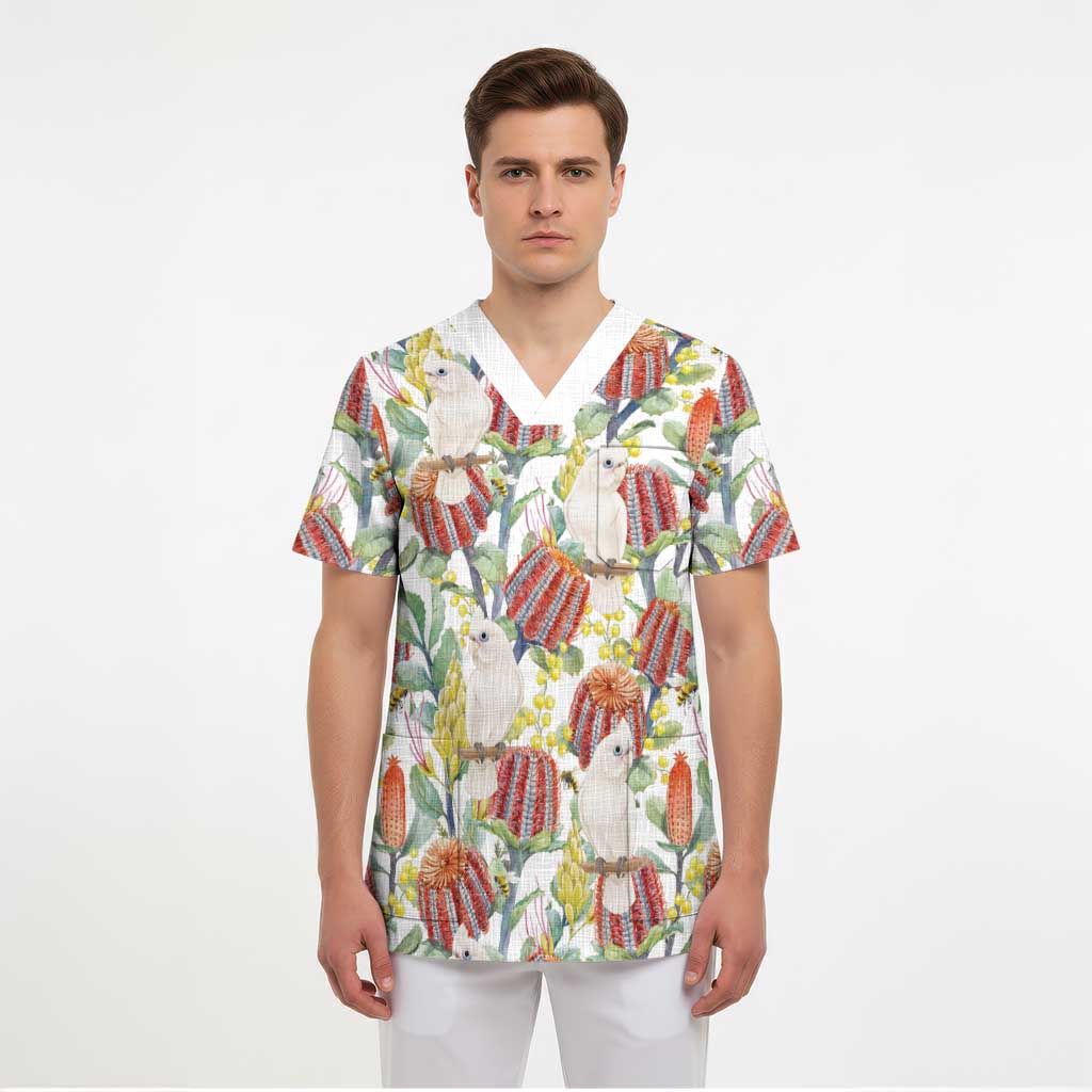 Little Corella Australia Cockatoo Scrub Top Cacatua Sanguinea Banksia Seamless White - Aussie Hoodie