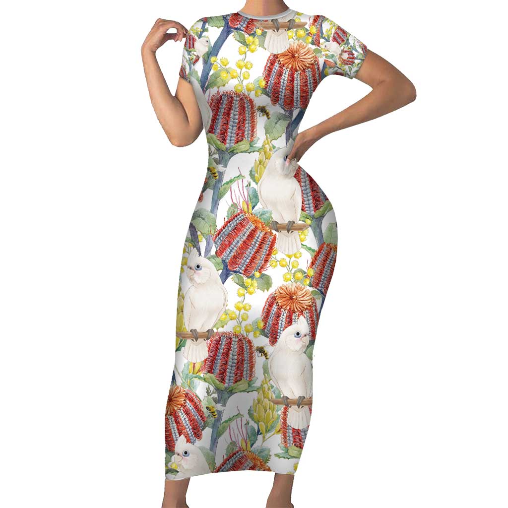 Little Corella Australia Cockatoo Short Sleeve Bodycon Dress Cacatua Sanguinea Banksia Seamless White - Aussie Hoodie