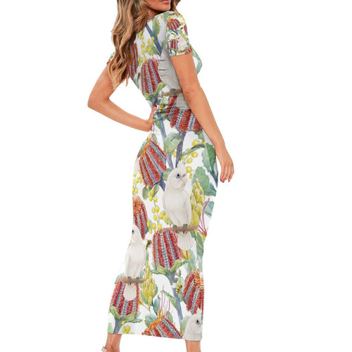 Little Corella Australia Cockatoo Short Sleeve Bodycon Dress Cacatua Sanguinea Banksia Seamless White - Aussie Hoodie