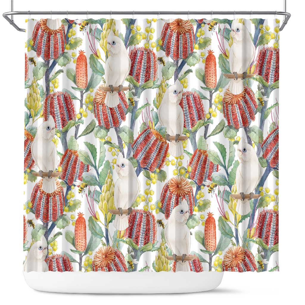 Little Corella Australia Cockatoo Shower Curtain Cacatua Sanguinea Banksia Seamless White - Aussie Hoodie