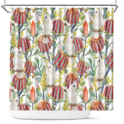 Little Corella Australia Cockatoo Shower Curtain Cacatua Sanguinea Banksia Seamless White - Aussie Hoodie