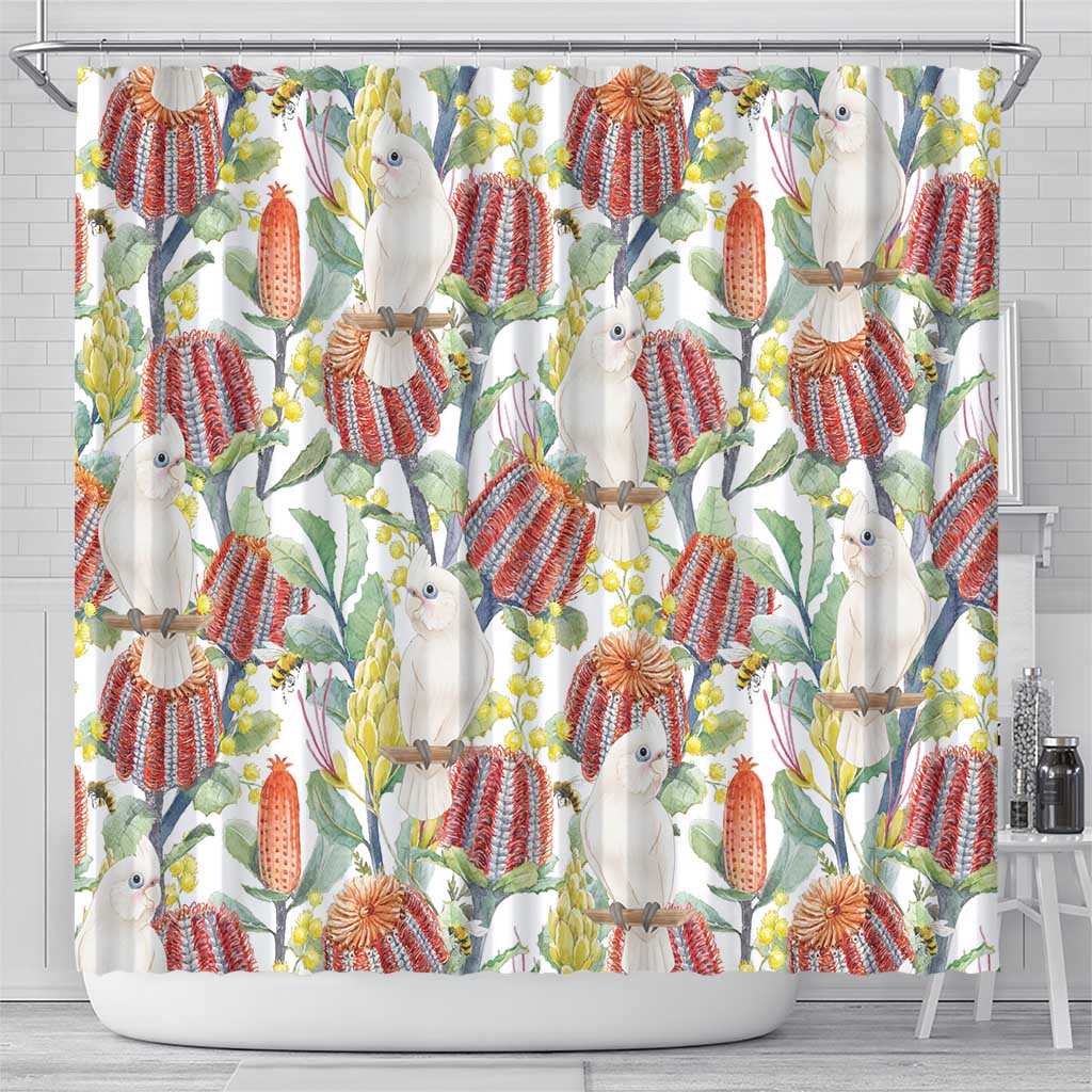 Little Corella Australia Cockatoo Shower Curtain Cacatua Sanguinea Banksia Seamless White - Aussie Hoodie
