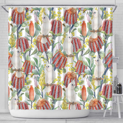 Little Corella Australia Cockatoo Shower Curtain Cacatua Sanguinea Banksia Seamless White - Aussie Hoodie