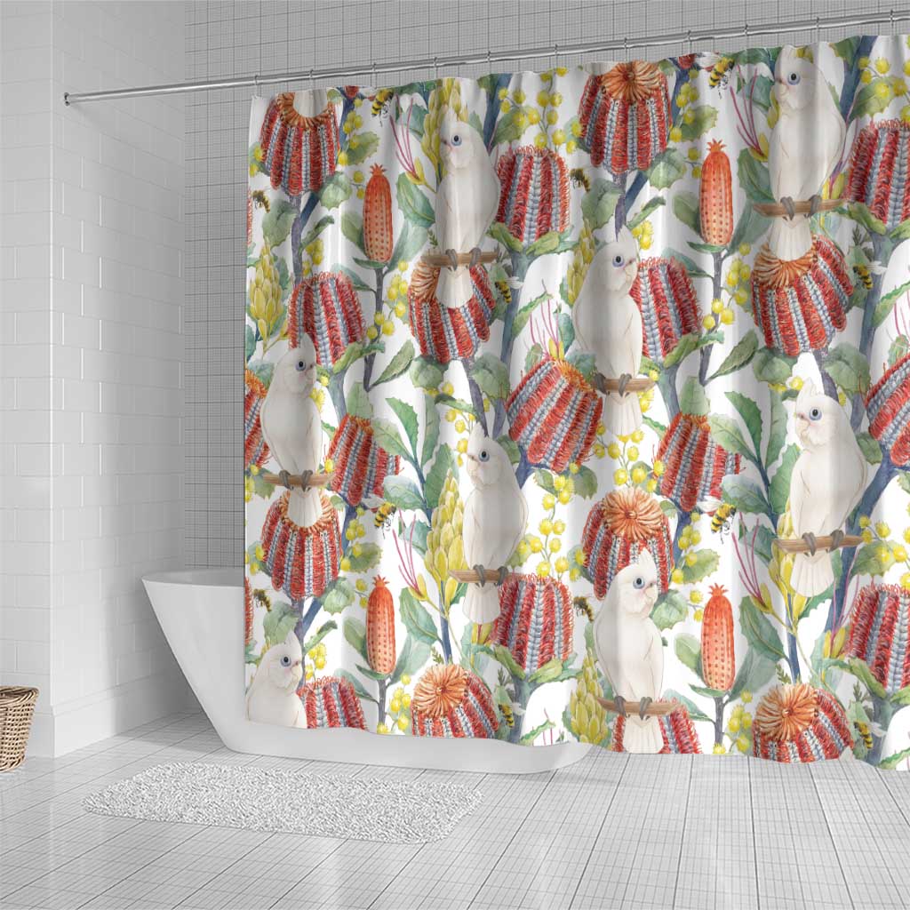 Little Corella Australia Cockatoo Shower Curtain Cacatua Sanguinea Banksia Seamless White - Aussie Hoodie