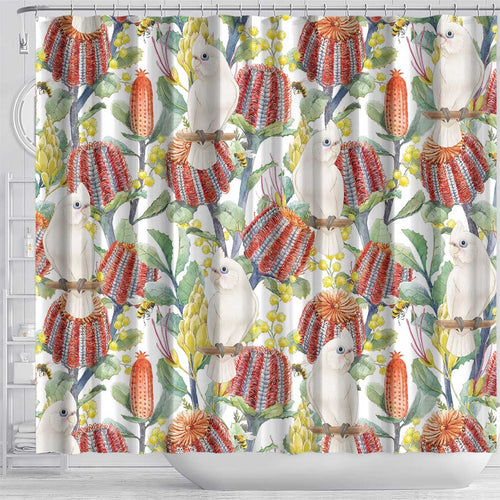 Little Corella Australia Cockatoo Shower Curtain Cacatua Sanguinea Banksia Seamless White - Aussie Hoodie