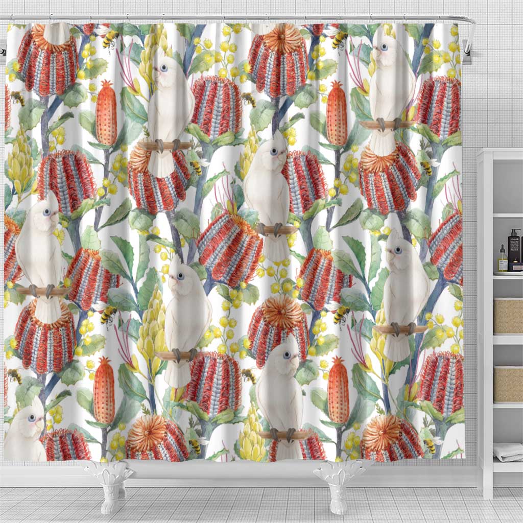 Little Corella Australia Cockatoo Shower Curtain Cacatua Sanguinea Banksia Seamless White - Aussie Hoodie