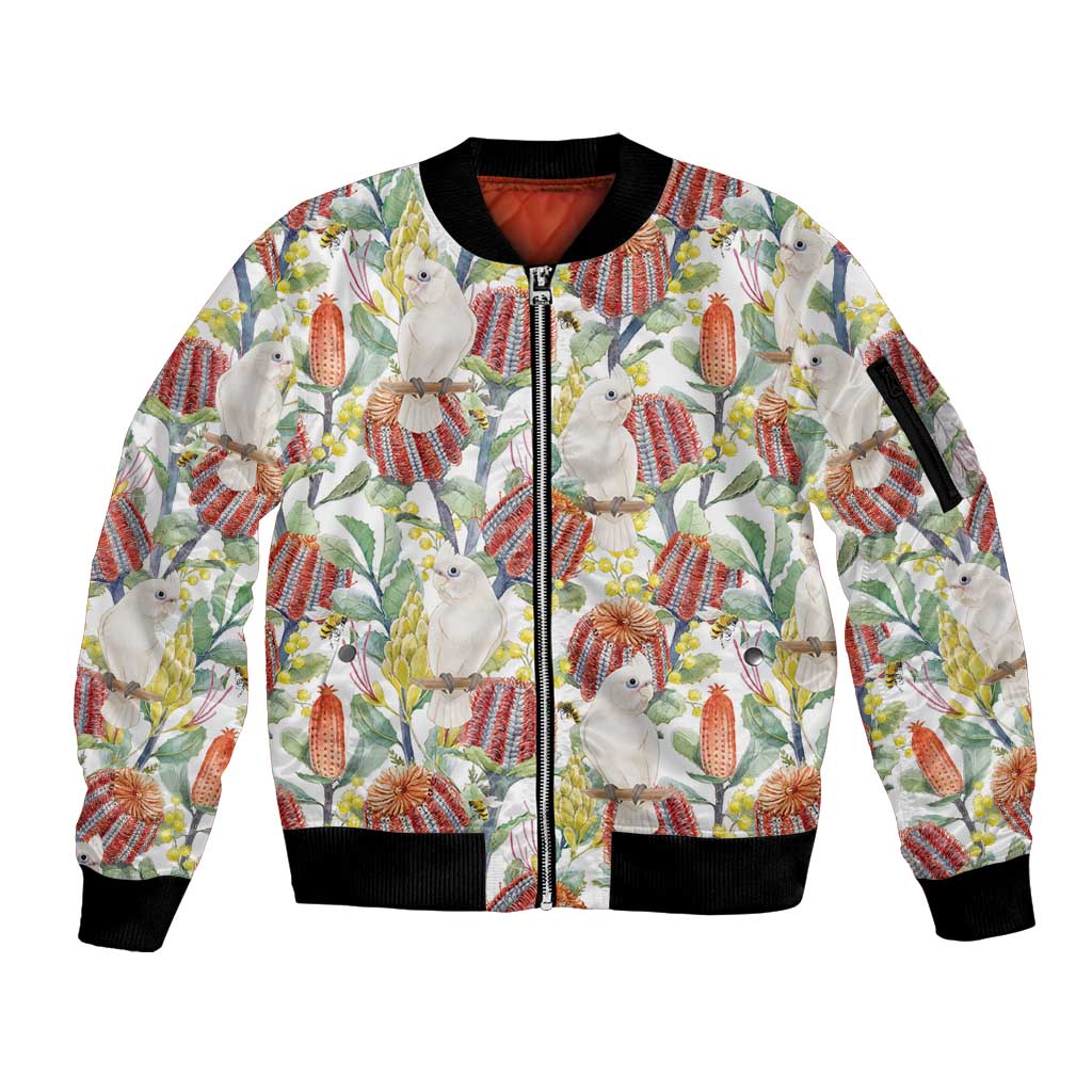 Little Corella Australia Cockatoo Sleeve Zip Bomber Jacket Cacatua Sanguinea Banksia Seamless White - Aussie Hoodie