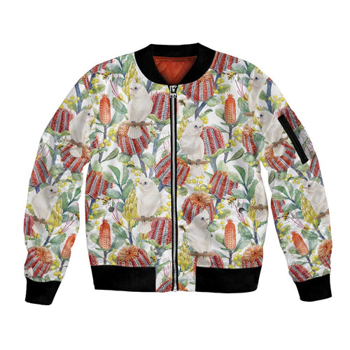 Little Corella Australia Cockatoo Sleeve Zip Bomber Jacket Cacatua Sanguinea Banksia Seamless White - Aussie Hoodie