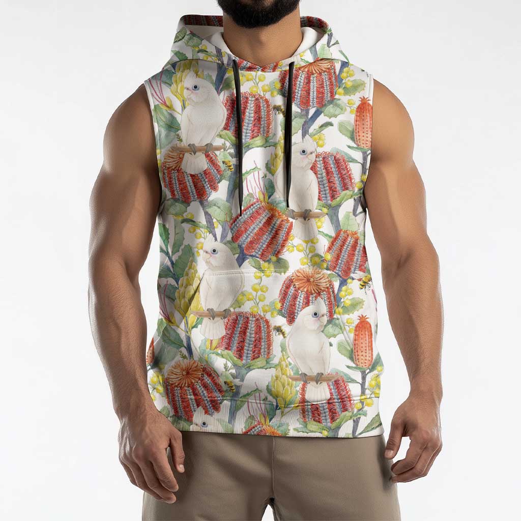 Little Corella Australia Cockatoo Sleeveless Hoodie Cacatua Sanguinea Banksia Seamless White - Aussie Hoodie
