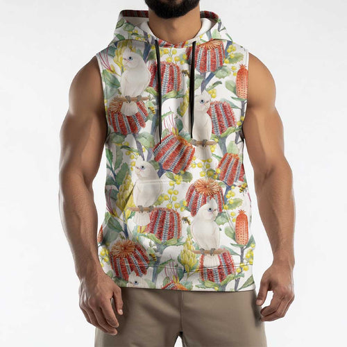 Little Corella Australia Cockatoo Sleeveless Hoodie Cacatua Sanguinea Banksia Seamless White - Aussie Hoodie