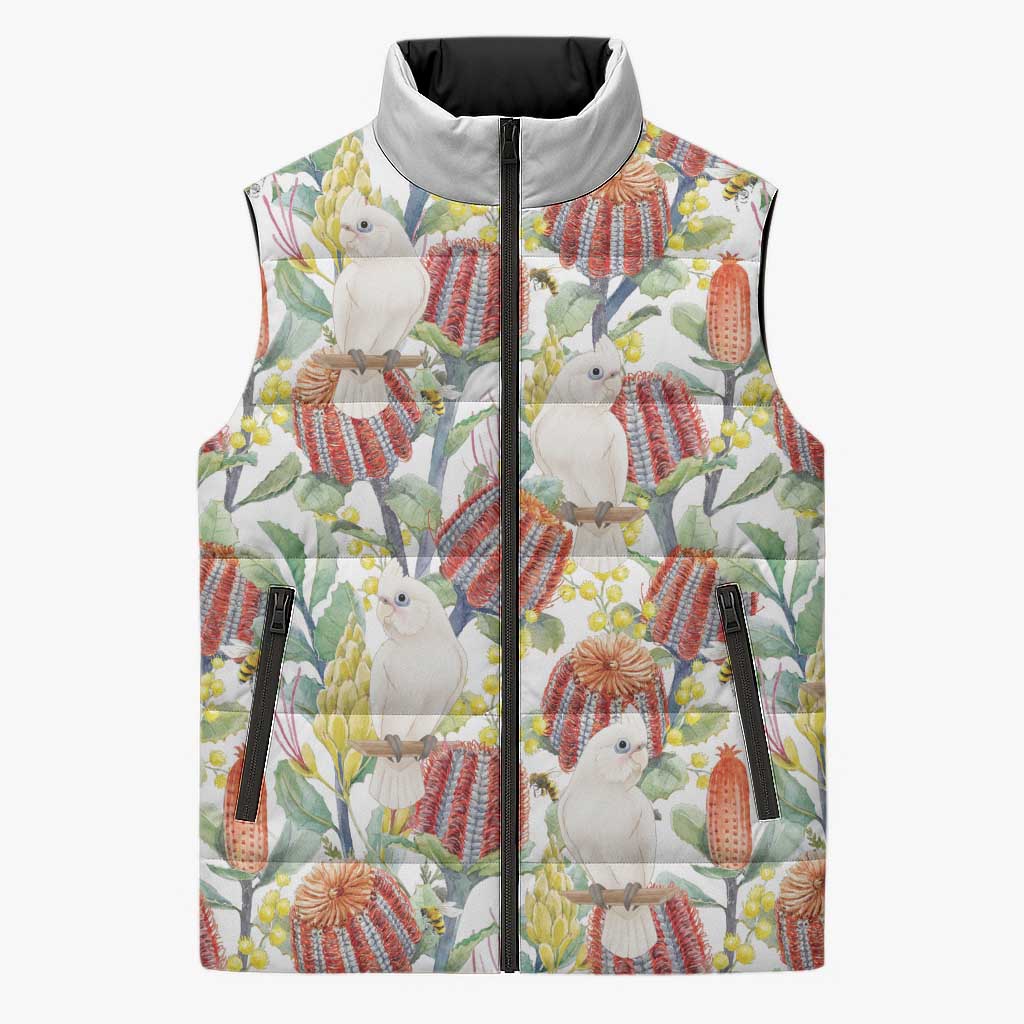 Little Corella Australia Cockatoo Sleeveless Puffer Jacket Cacatua Sanguinea Banksia Seamless White - Aussie Hoodie