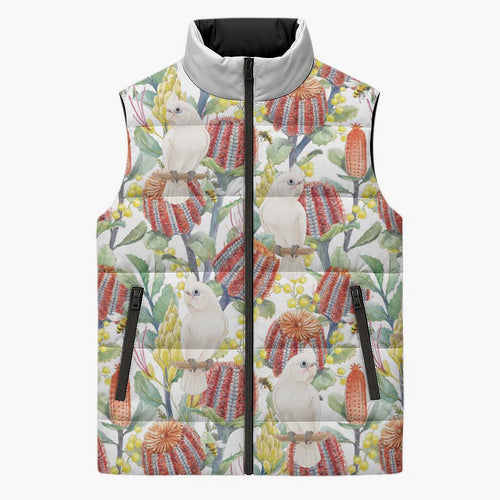 Little Corella Australia Cockatoo Sleeveless Puffer Jacket Cacatua Sanguinea Banksia Seamless White - Aussie Hoodie