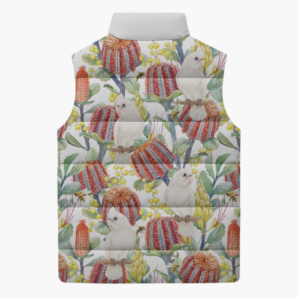 Little Corella Australia Cockatoo Sleeveless Puffer Jacket Cacatua Sanguinea Banksia Seamless White - Aussie Hoodie