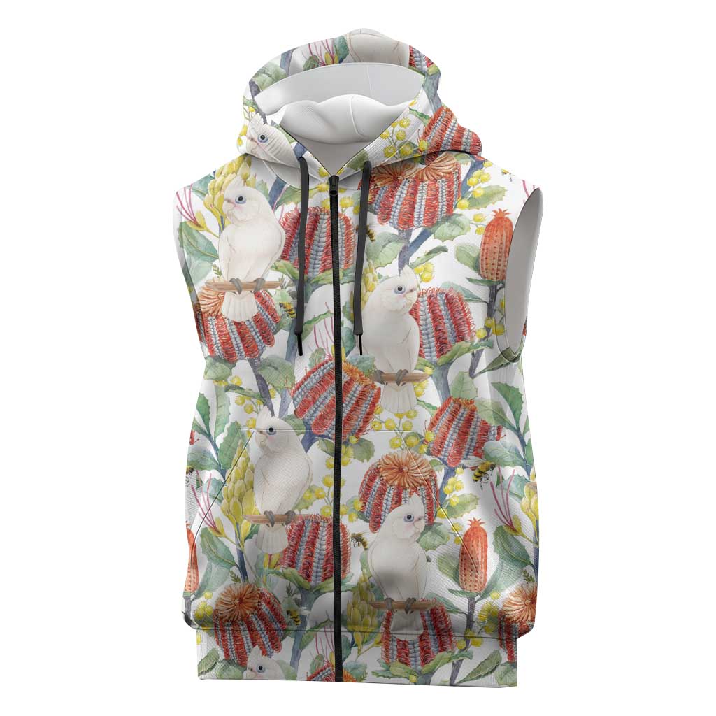 Little Corella Australia Cockatoo Sleeveless Zip Hoodie Cacatua Sanguinea Banksia Seamless White LT14