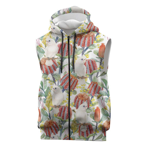 Little Corella Australia Cockatoo Sleeveless Zip Hoodie Cacatua Sanguinea Banksia Seamless White LT14