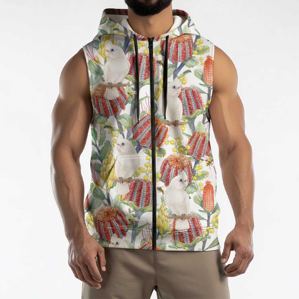 Little Corella Australia Cockatoo Sleeveless Zip Hoodie Cacatua Sanguinea Banksia Seamless White LT14