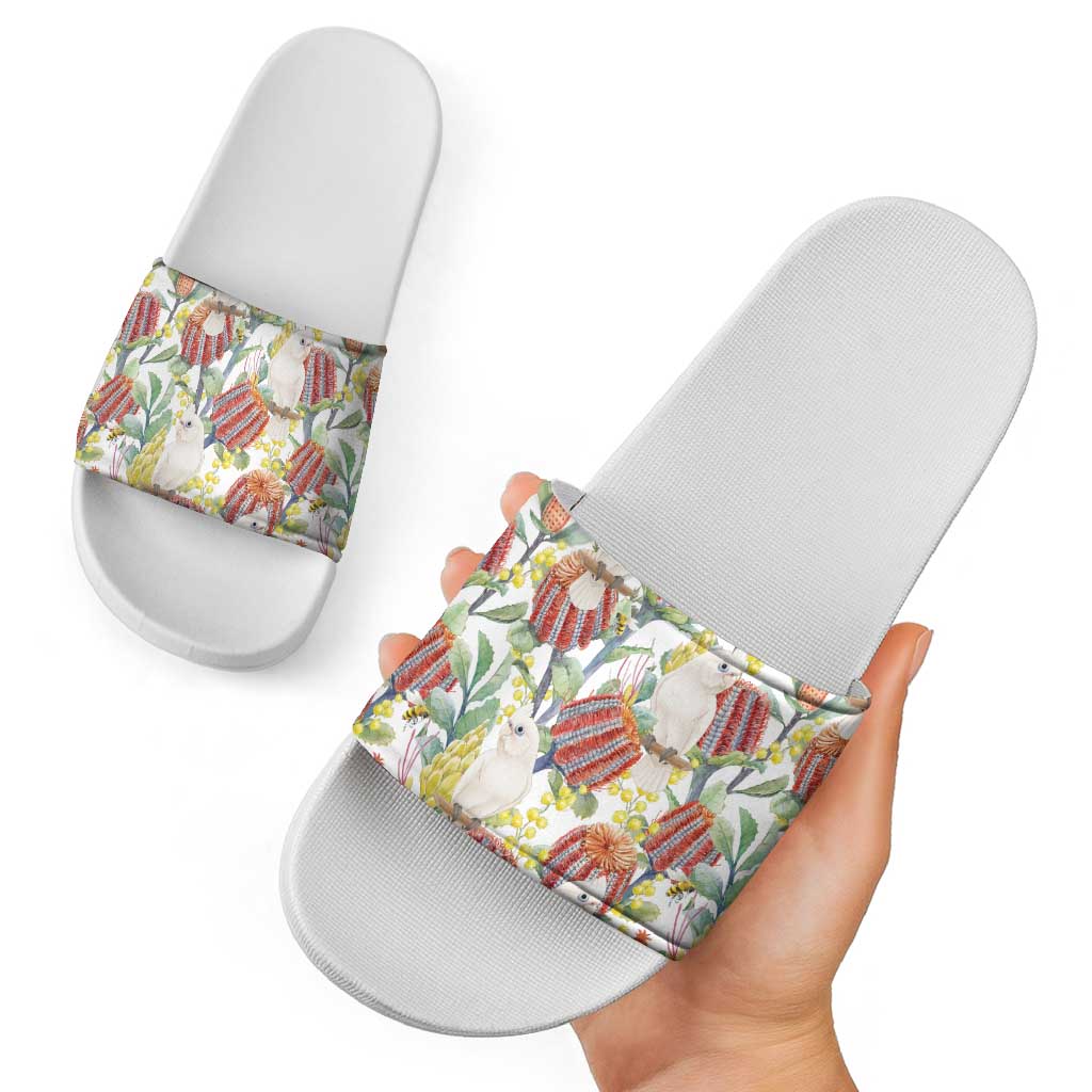 Little Corella Australia Cockatoo Slide Sandals Cacatua Sanguinea Banksia Seamless White - Aussie Hoodie