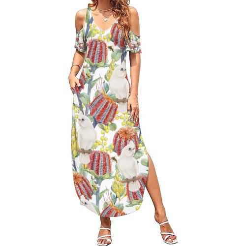 Little Corella Australia Cockatoo Summer Maxi Dress Cacatua Sanguinea Banksia Seamless White - Aussie Hoodie