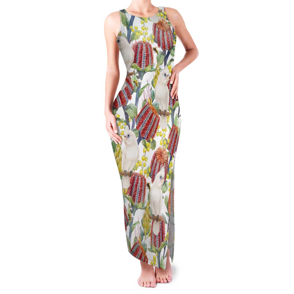 Little Corella Australia Cockatoo Tank Maxi Dress Cacatua Sanguinea Banksia Seamless White - Aussie Hoodie