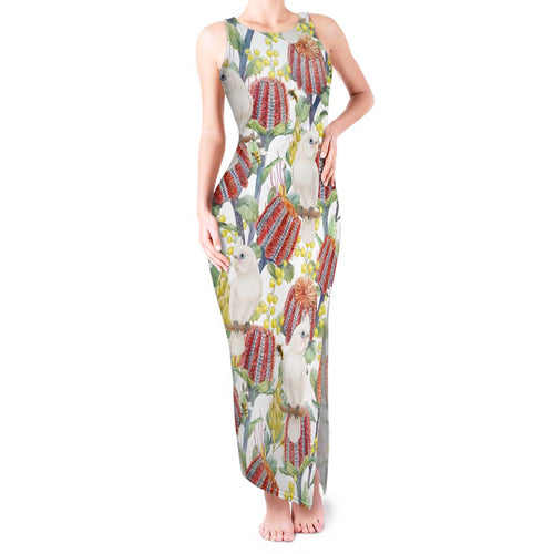Little Corella Australia Cockatoo Tank Maxi Dress Cacatua Sanguinea Banksia Seamless White - Aussie Hoodie