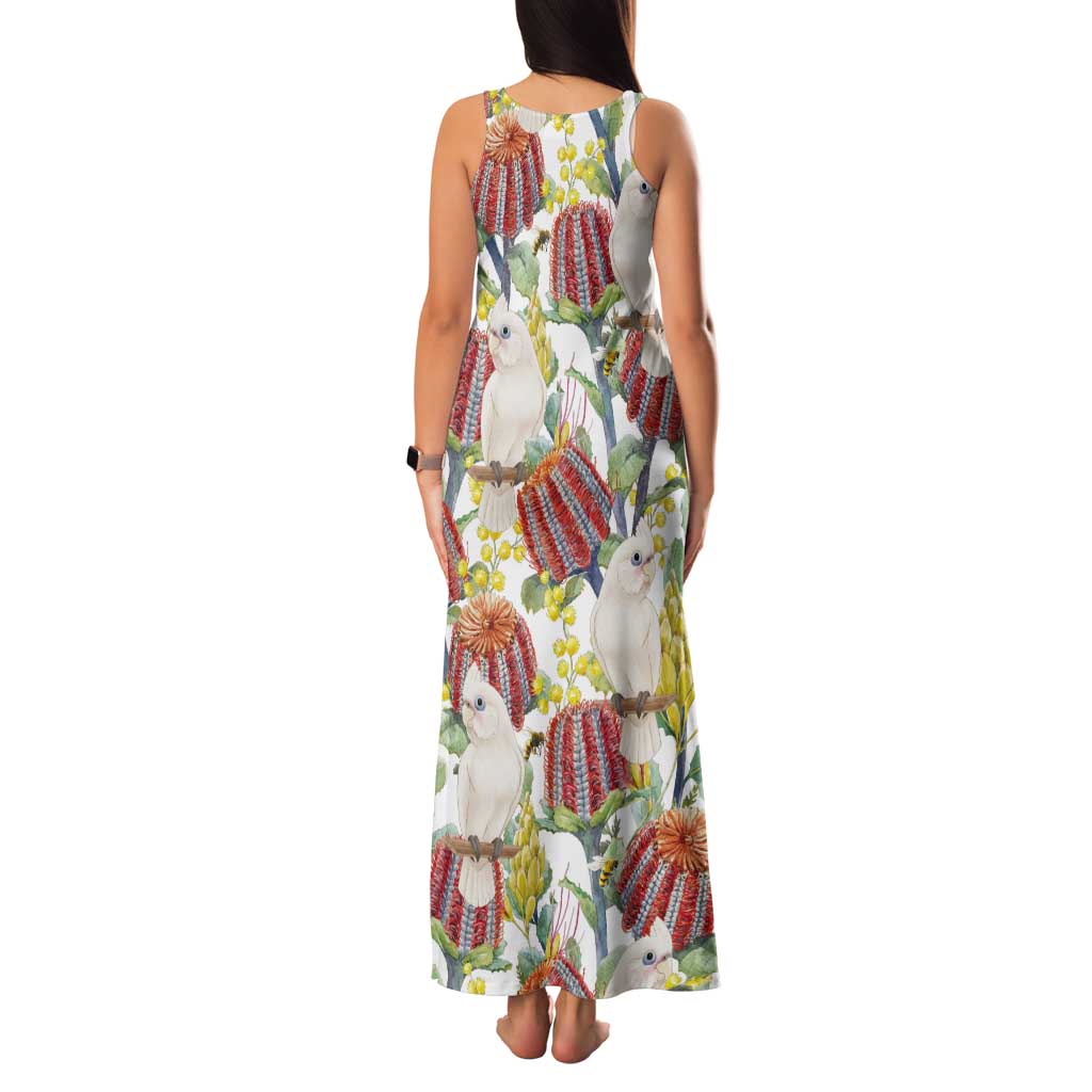 Little Corella Australia Cockatoo Tank Maxi Dress Cacatua Sanguinea Banksia Seamless White - Aussie Hoodie