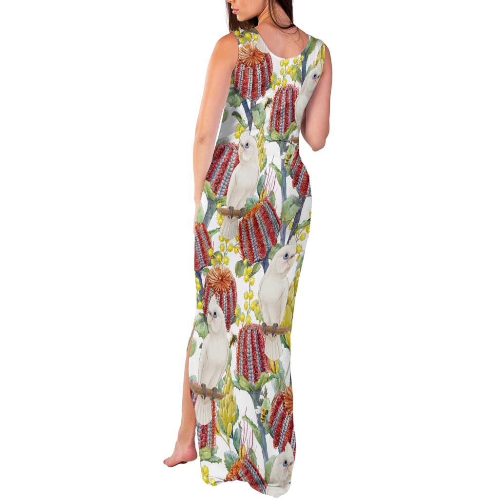 Little Corella Australia Cockatoo Tank Maxi Dress Cacatua Sanguinea Banksia Seamless White - Aussie Hoodie